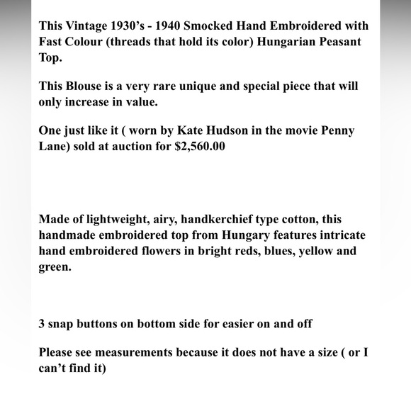 Vintage Hungarian Hand Embroidered Top | Penny Lane 1930’s boho flower child XS - Picture 5 of 16